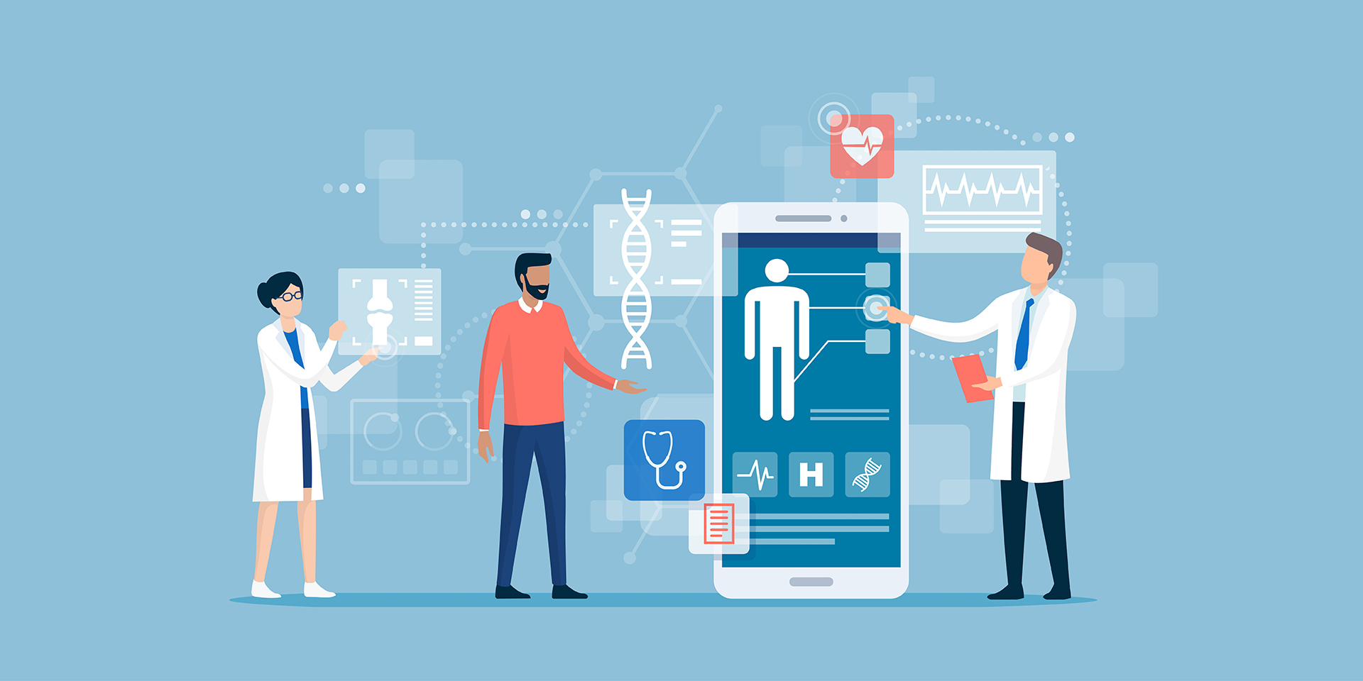 Illustration of Doctors examining a patient using a medical app