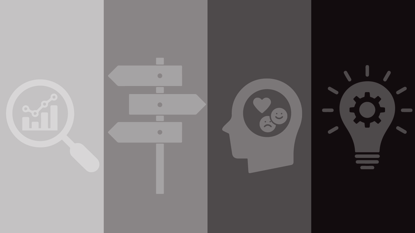 A series of graphics display a magnifying glass, signpost, human head and mind, and lightbulb