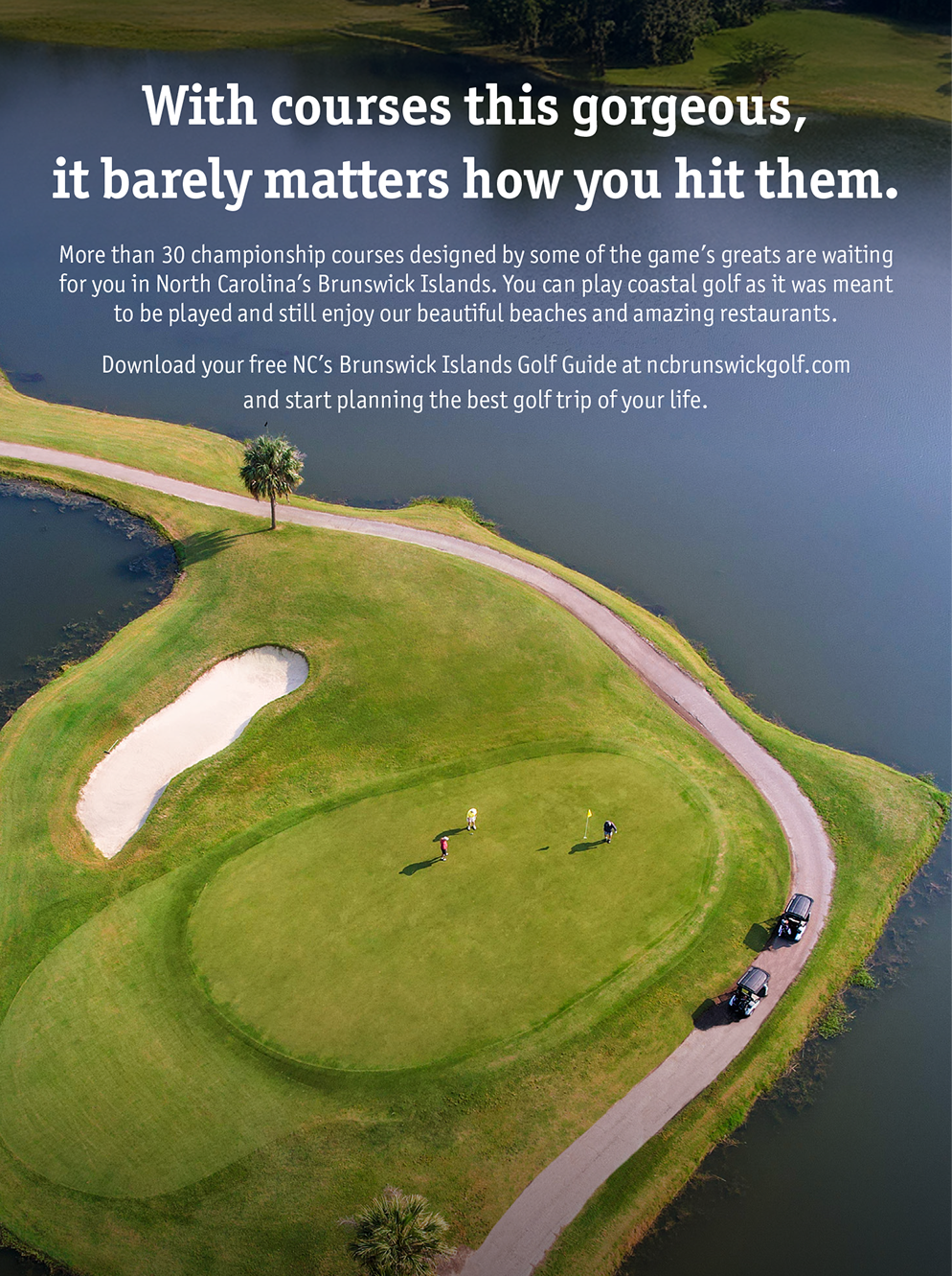 Overhead shot of golf hole surrounded by water