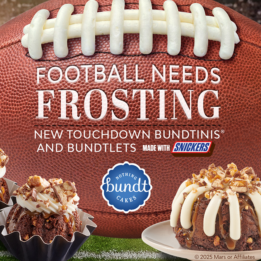 Football-themed Snickers bundt cakes with white frosting laces