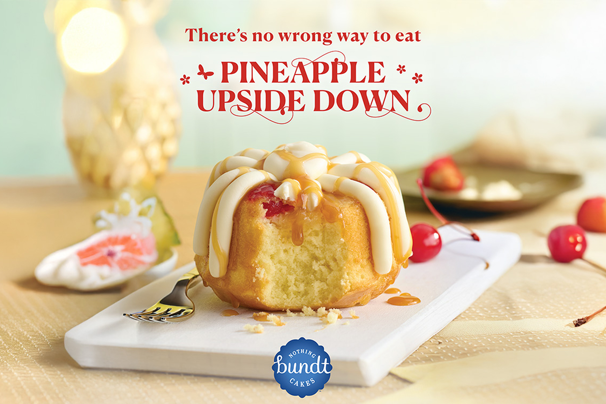 Pineapple upside down bundt cake with caramel and cream cheese frosting