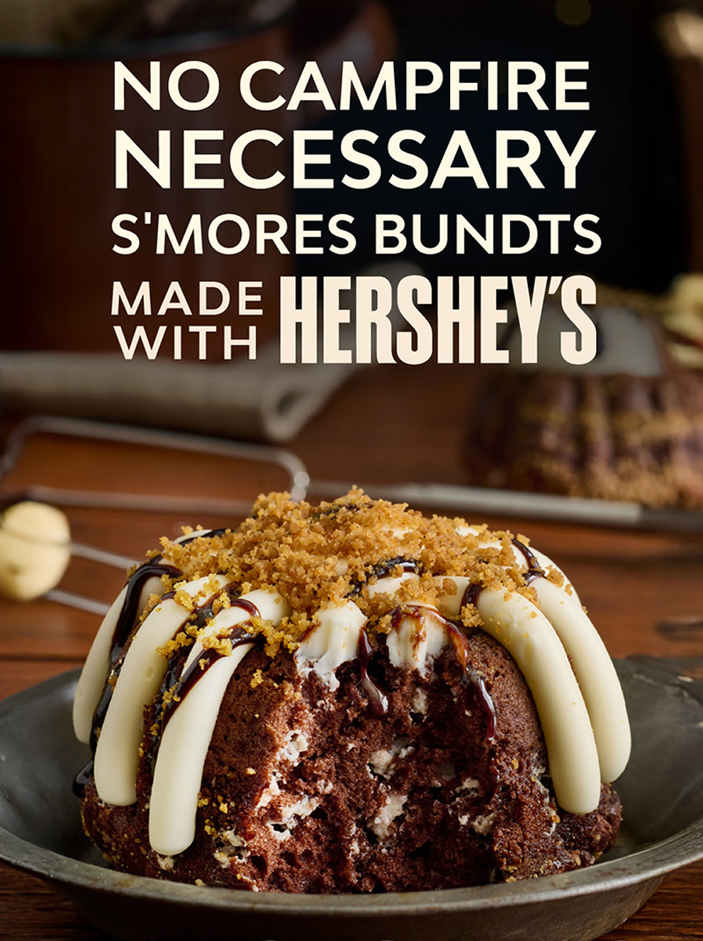 S'mores bundt cake with graham cracker topping, white icing, and chocolate drizzle
