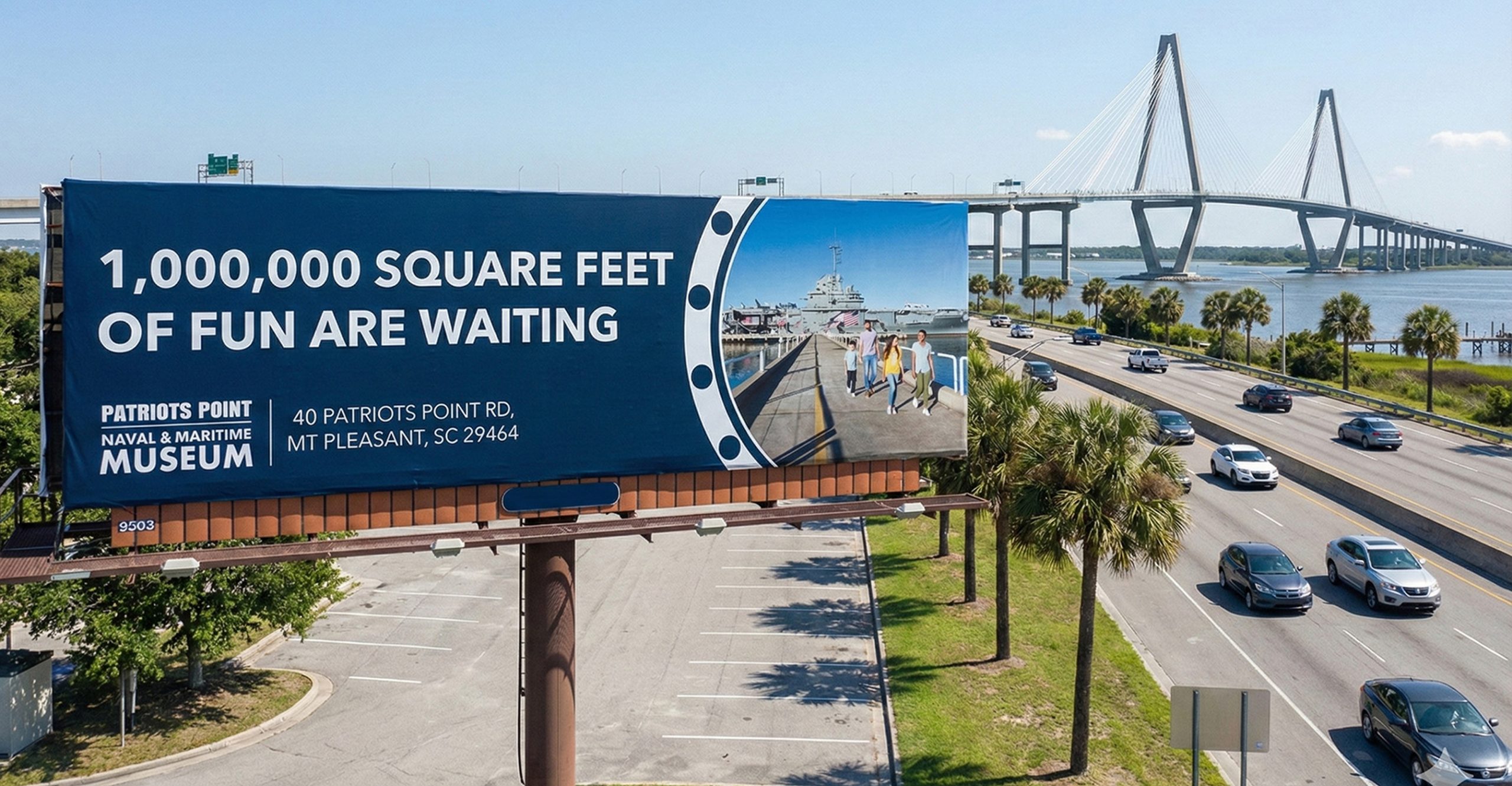Highway billboard showing Patriots Point museum location and size