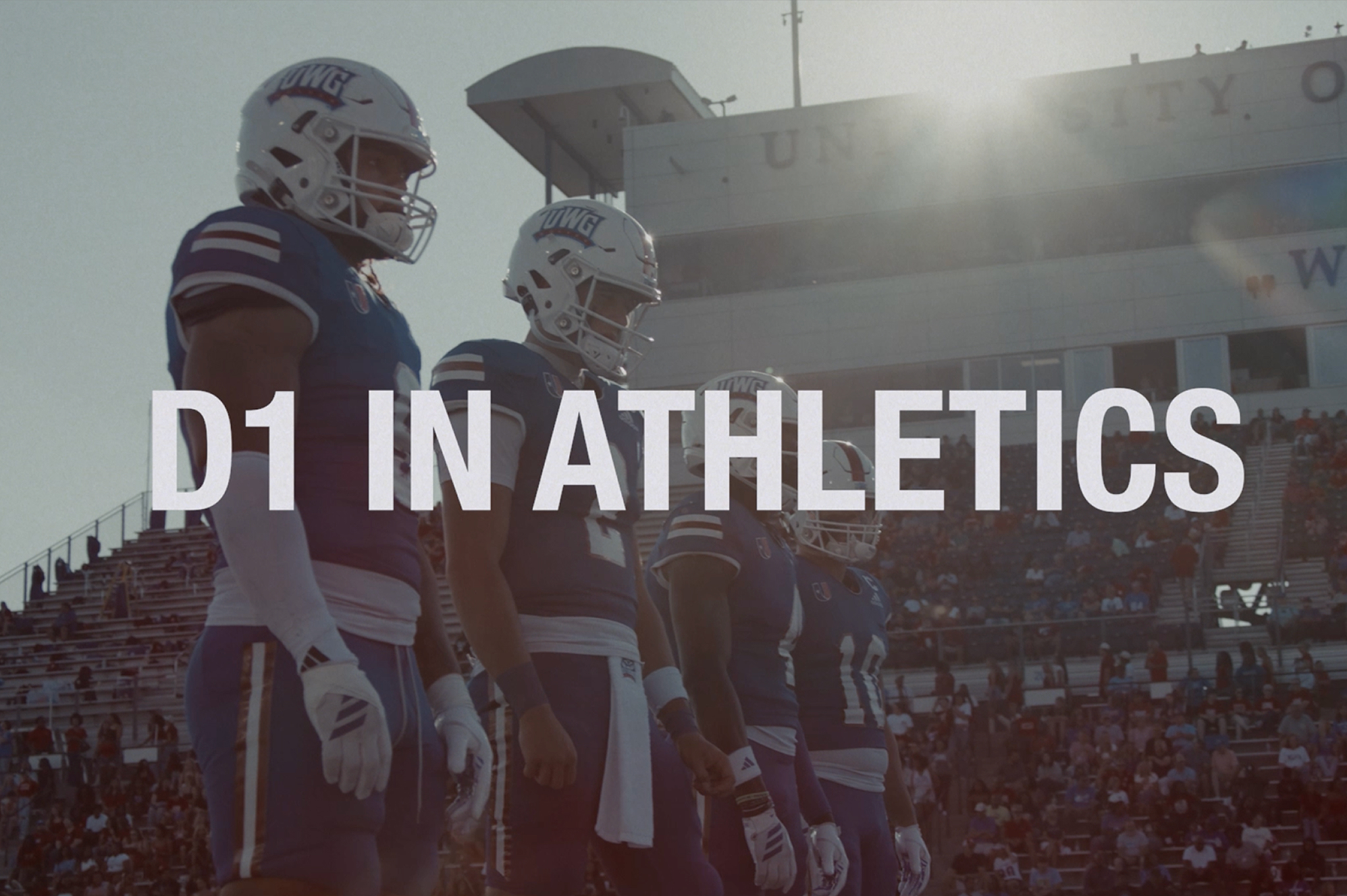 Football players lined up on field with 'D1 in athletics' text