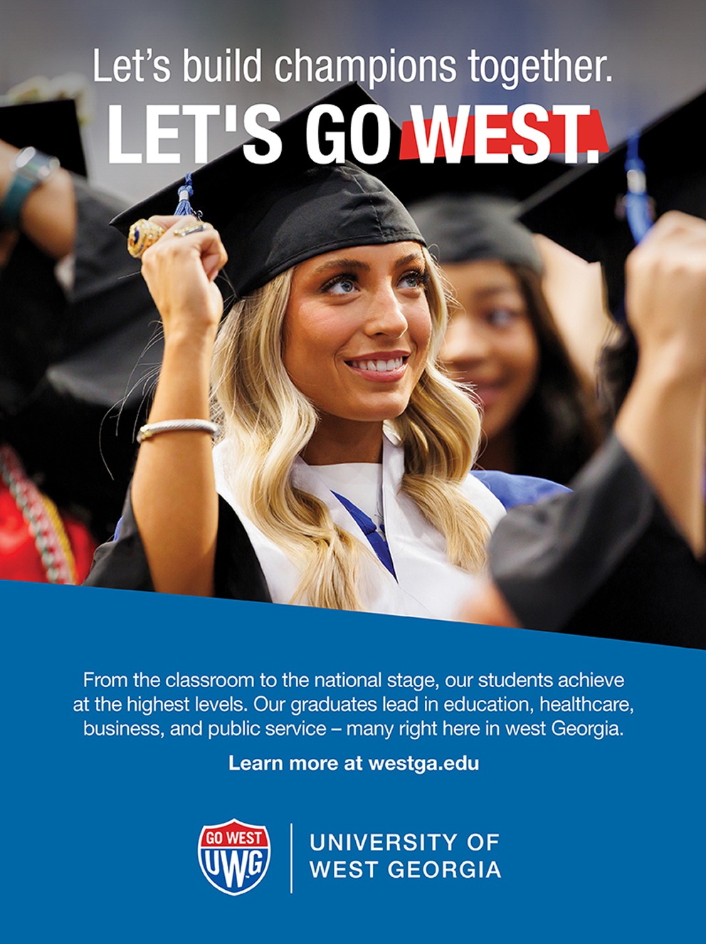 Graduate in cap and gown with University of West Georgia message